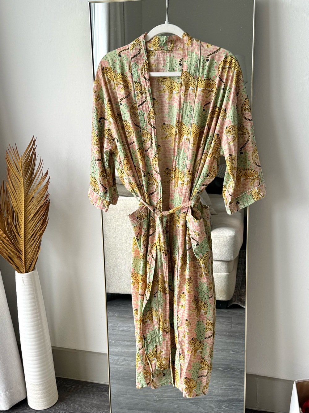 Boho Hand Block Print Kimono Robe Pink Cheetah Leopard Jungle Safari Loungewear